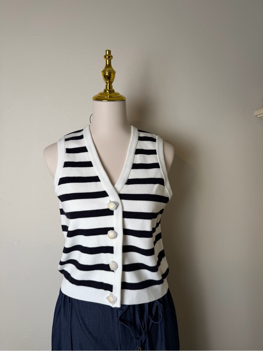 English Factory Black and White Striped V-Neck Button Front Sweater Vest